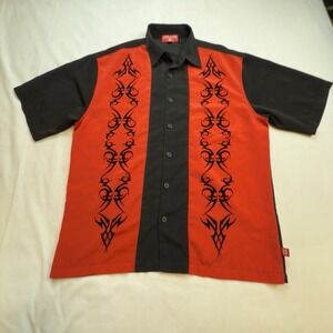 Vtg JNCO Jeans Shirt Mens Lg Black Red Tribal Bowling Short Sleeve Button Up Y2K